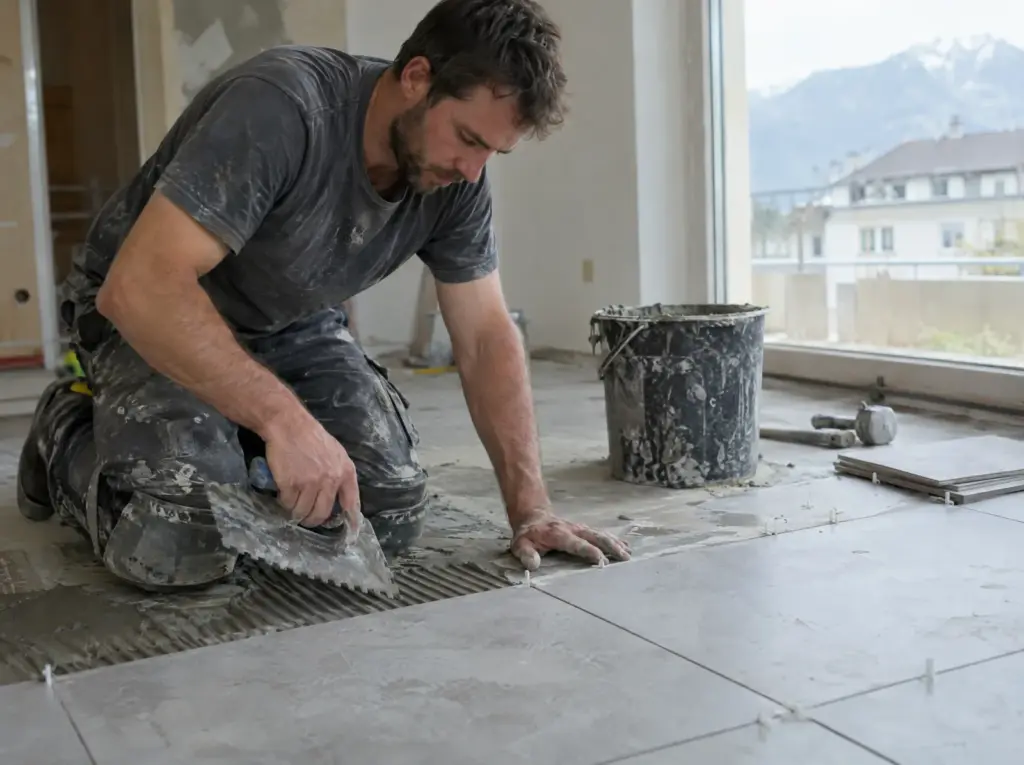 Devis carrelage en Valais : Carreleur posant du carrelage au sol