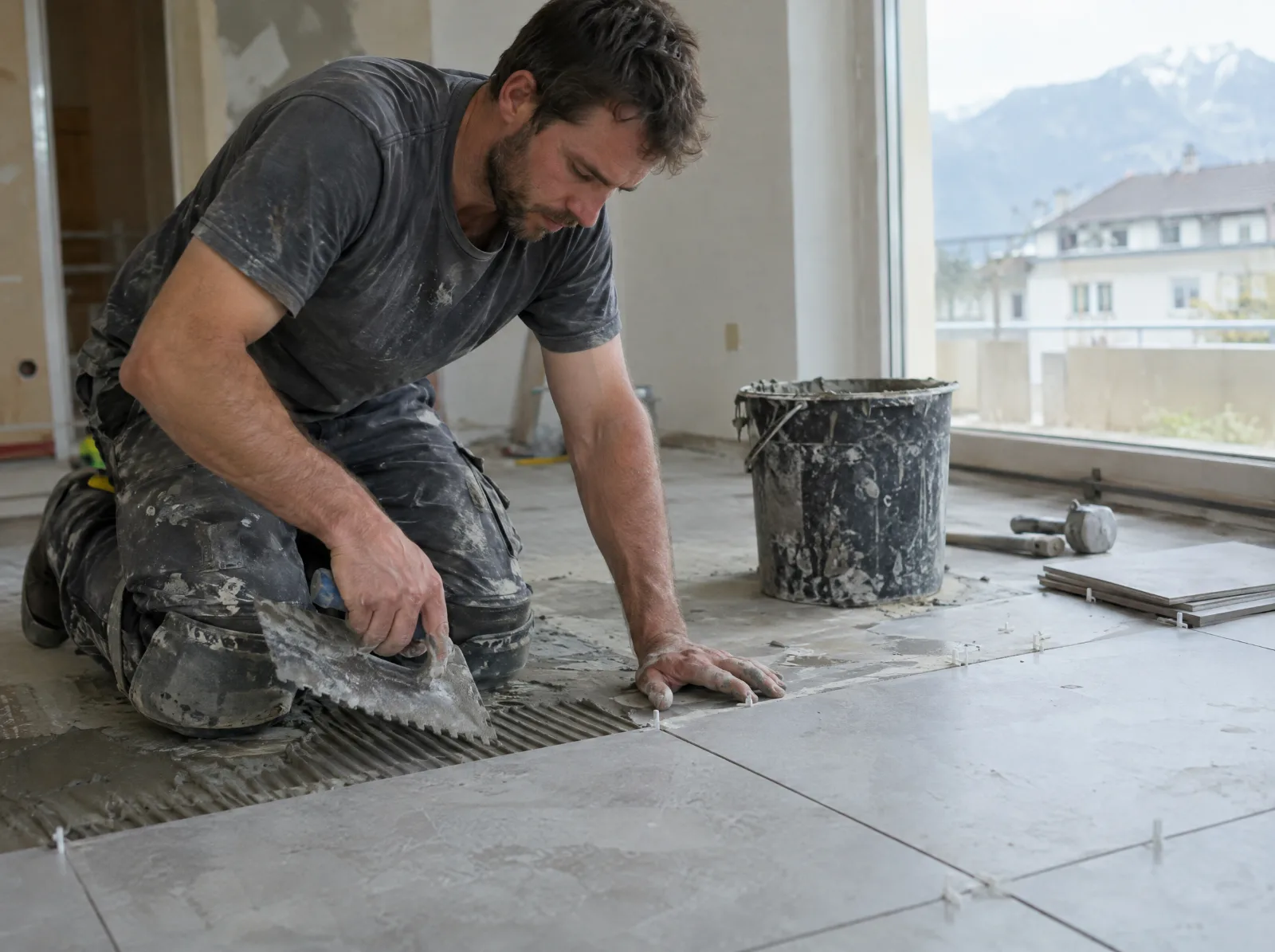 Devis parquet en Suisse romande : Carreleur posant du carrelage au sol