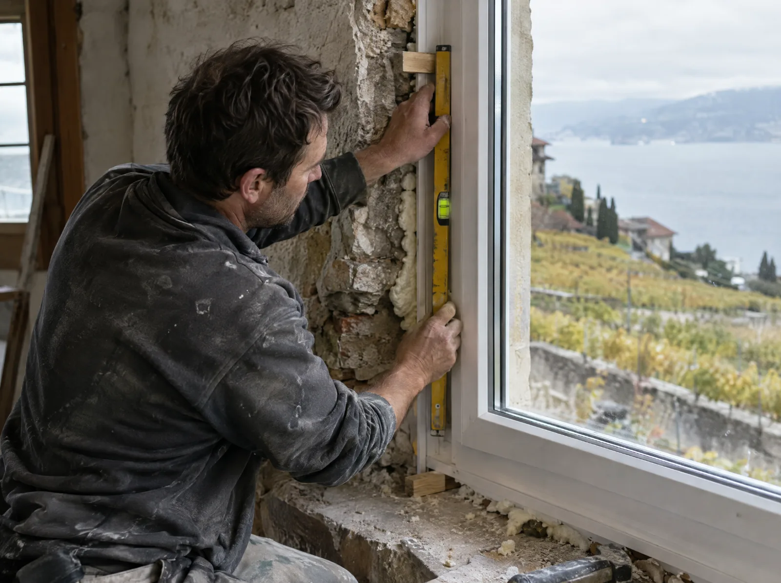 Devis porte de garage en Suisse romande : Menuisier installant une fenêtre PVC