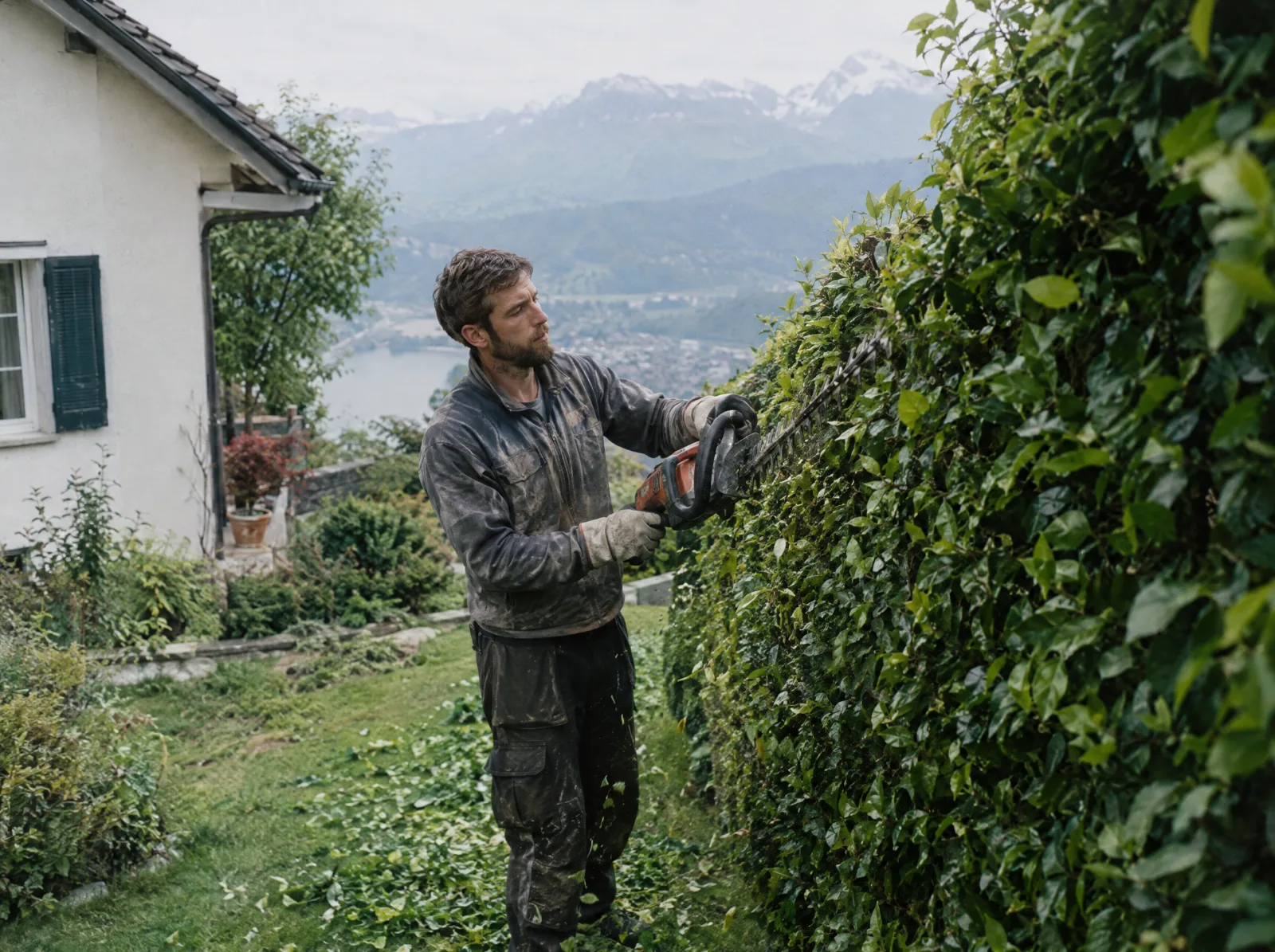 Devis jardinier paysagiste en Suisse romande : Jardinier paysagiste taillant une haie