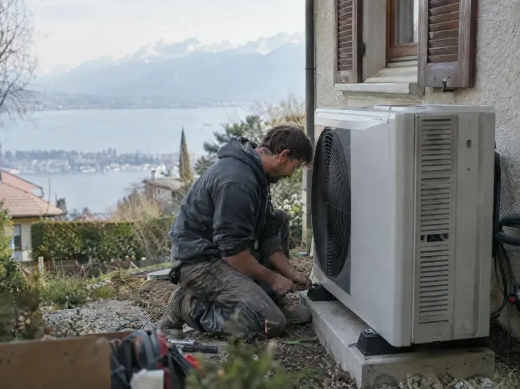 Devis pompe à chaleur en Valais : Installation d'une pompe à chaleur extérieure près d'une maison