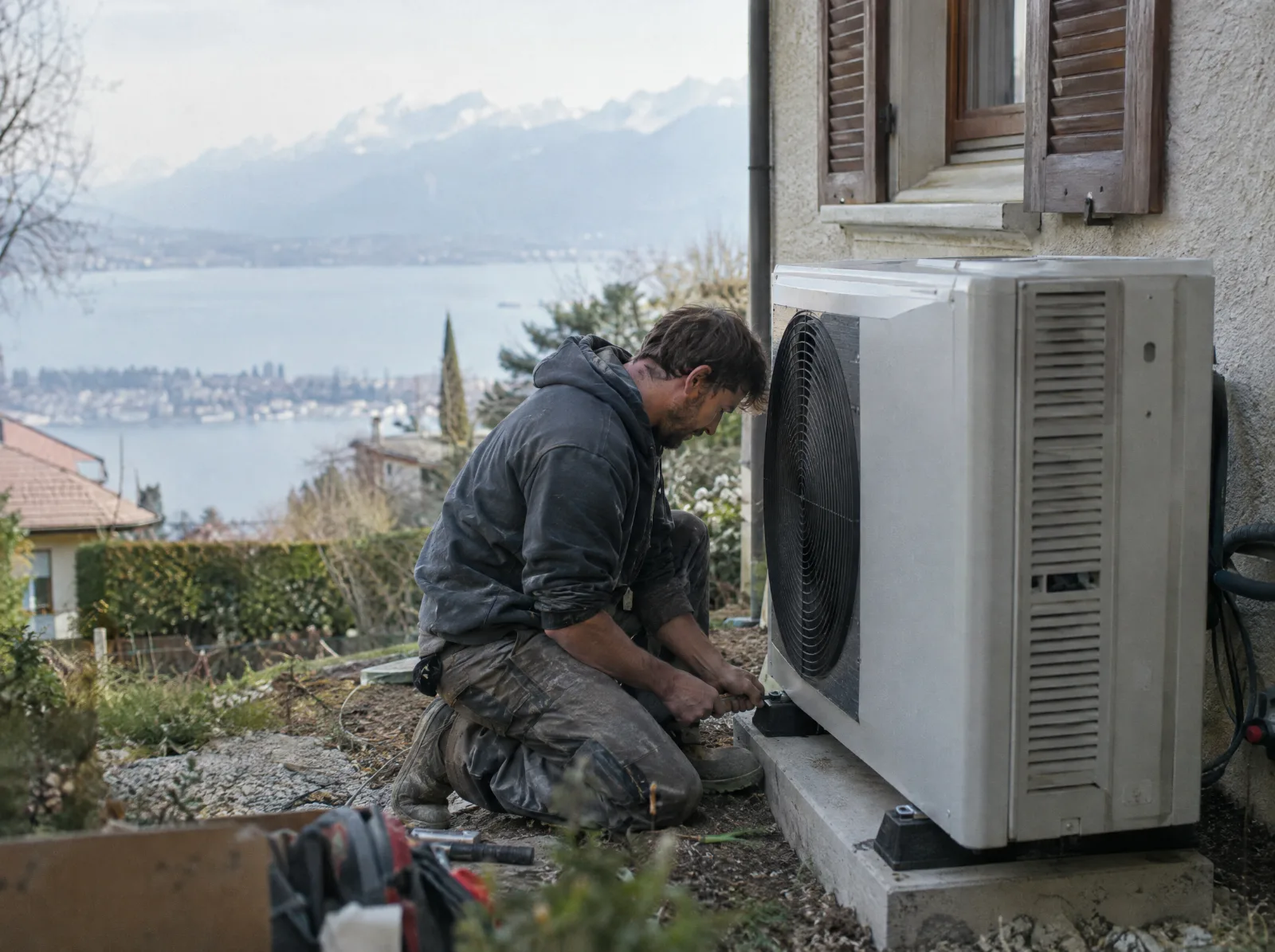 Devis climatisation en Suisse romande : Installation d'une pompe à chaleur extérieure près d'une maison